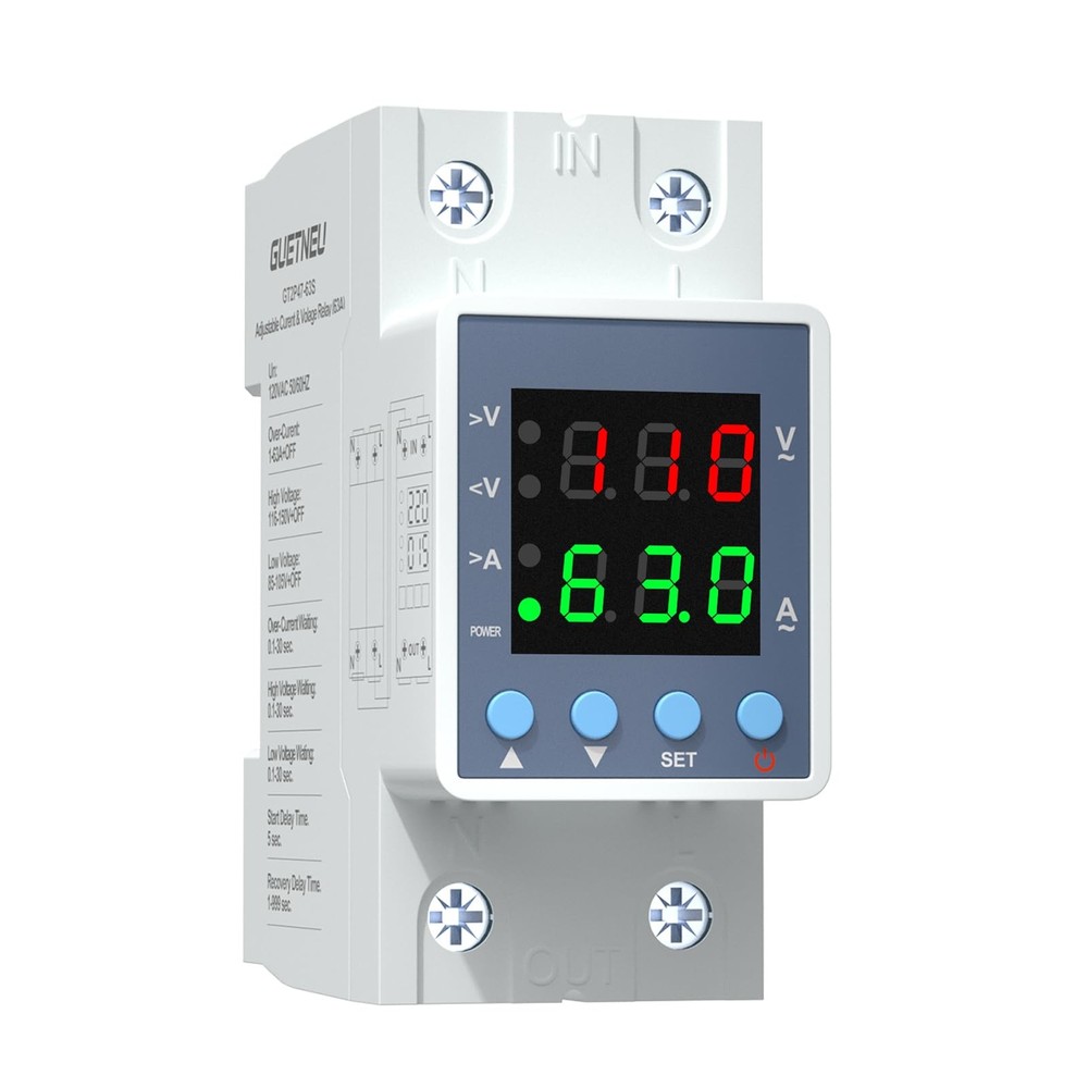 Multifunctional Over/Under Voltage Protector, 120VAC 63A, Current & Voltage A…