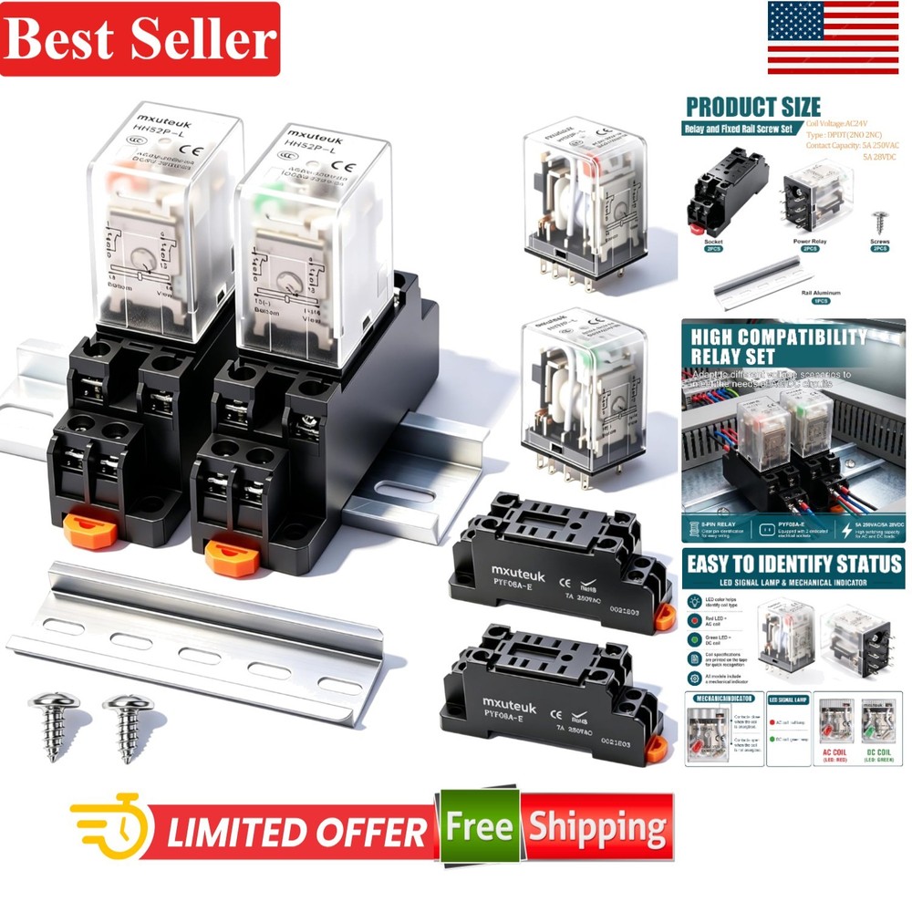 Electromagnetic Power Relay 24V AC Coil 8 Pin DPDT 5A for DIN Rail 2pcs