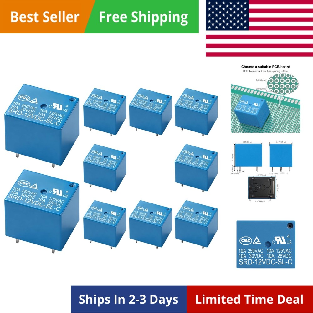 10Pcs PCB Power Relay , DC 12V Coil, 10A 250VAC, SPDT, 5 Pin, for Household A…