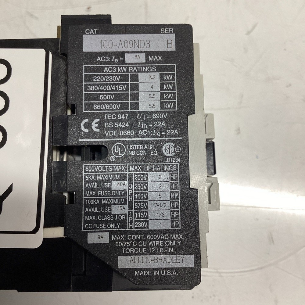 Allen Bradley 100-A09ND3 Ser B AC Contactor, 9 Amp, 600 V, 3 Pole, Q-568