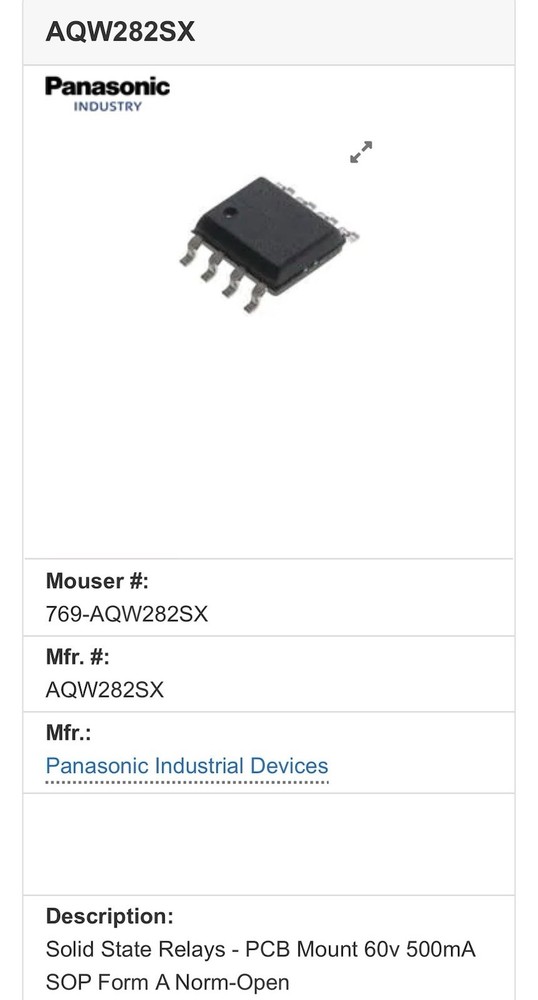 Panasonic AQW282SX Solid State Relay PCB Mount 60V 500mA 8-Pin Norm-