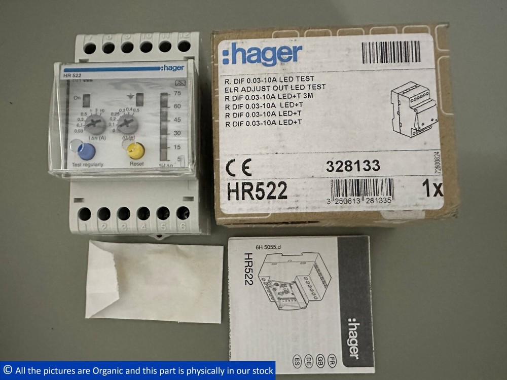Hager HR522 ELR Earth Leakage Relay 230V 0.03–10A Time Delay 50% Led Test HR 522