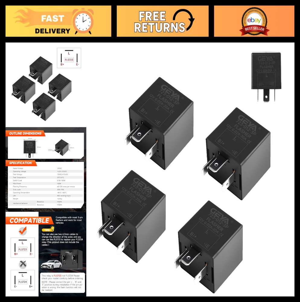4 Pcs 3 Pin 12V Electronic Flasher Relay for Turn Signals & LED Bulbs, 0.02A-20A
