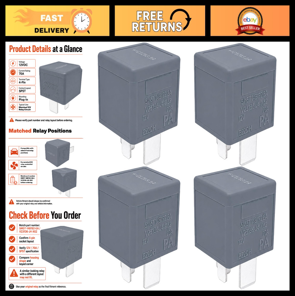 12V 70A 4-Pin SPST Relay (4-Pack) for Ford Escape Focus Fiesta Fusion Transit Co