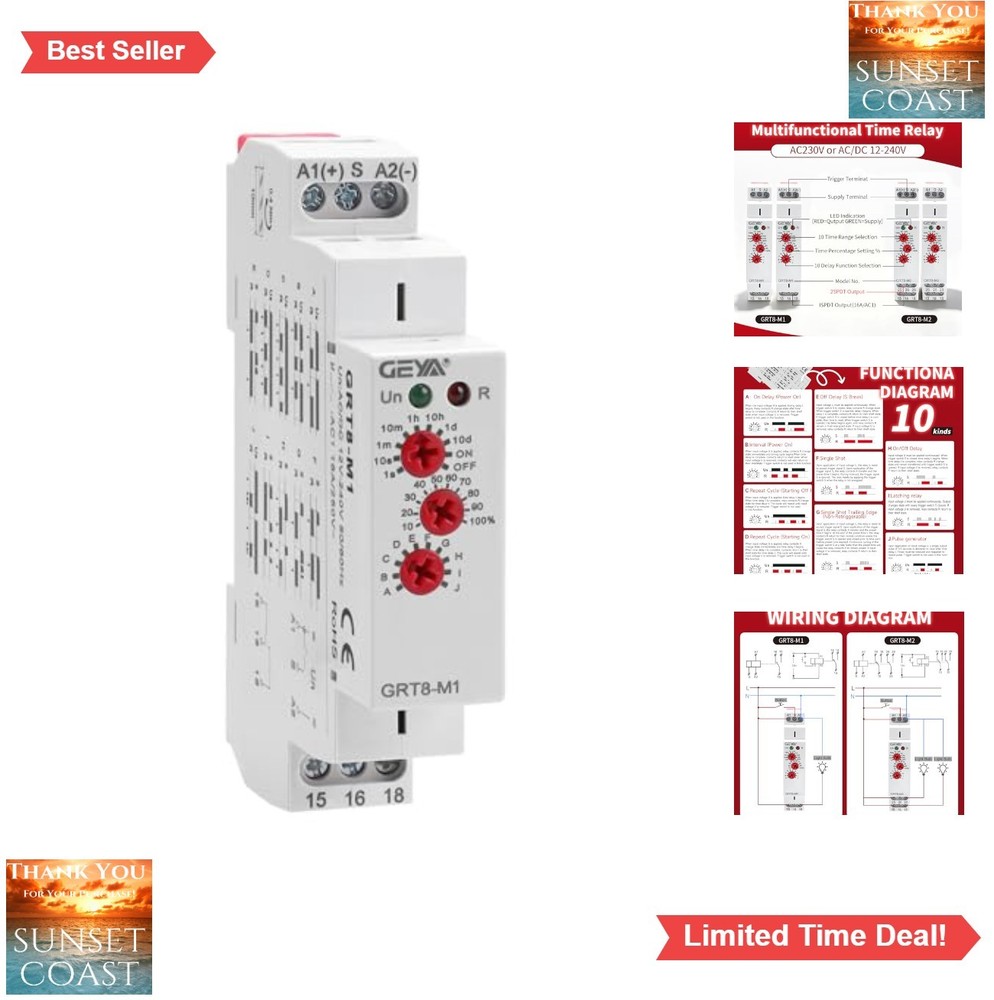 16A Multifunction Time Relay 10 Functions AC/DC 12V-240V DIN Rail Mount LED