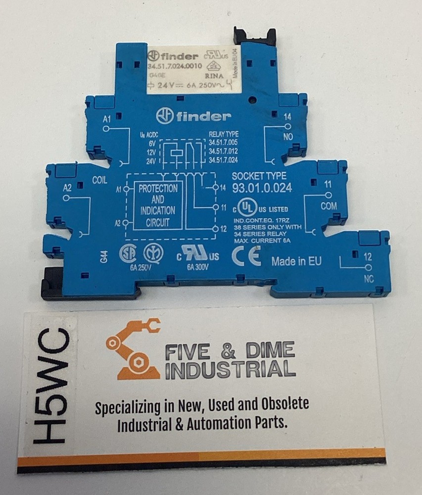 Finder 34.51.7.024.0010 24VDC Coil Relay w/ 93.01.0.024 Socket 6A, 250VAC