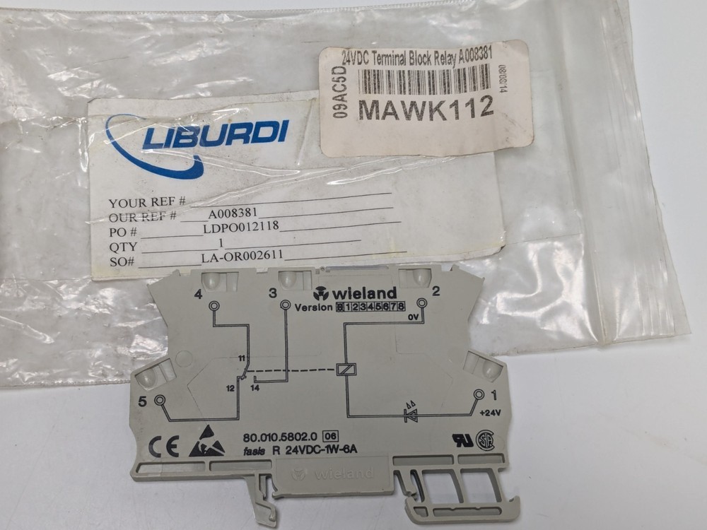 NEW WIELAND 80.010.5802.0 24VDC Din Mount Relay – Liburdi Part# A008381