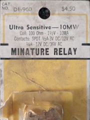D1-960 Calectro Miniature Relay Ultra Sensitive 10 MW Coil 100 Ohm,