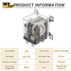 AC110V 30A Electromagnetic Relay, High Power Relay DPDT 2NO 2NC 8 Termi