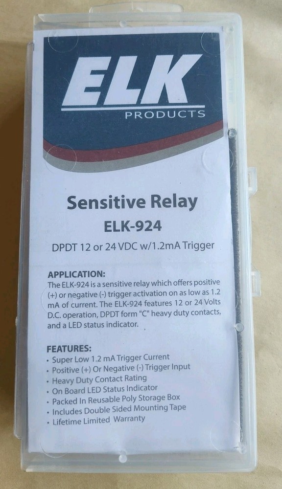 ELK-924 Sensitive Relay Module DPDT 12 / 24 VDC w/ 1.2 mA Trigger Current – New