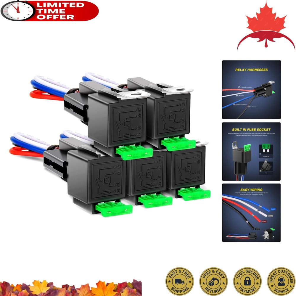 Heavy-Duty Complete 5 Relay Harness Kit – 30A Blade Fuses – 4-Pin SPST – 14 AWG
