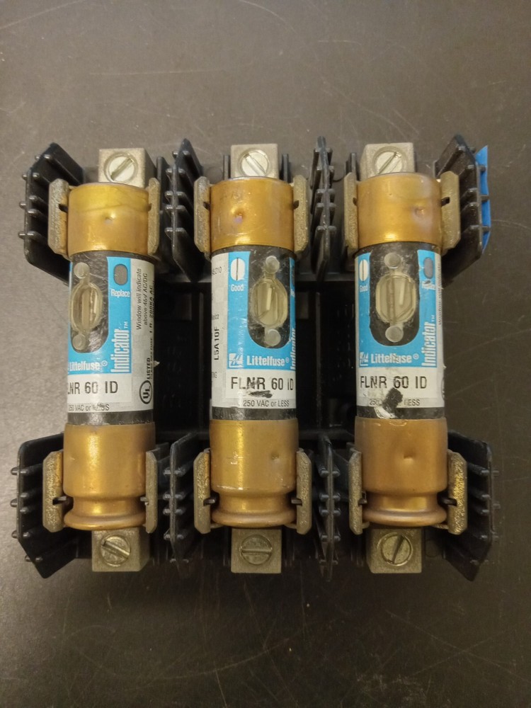 Buss 3 Pole R25060-3CR, 60A, Panel Mount Fuse Block w/3x FLNR60ID (60A) fuses