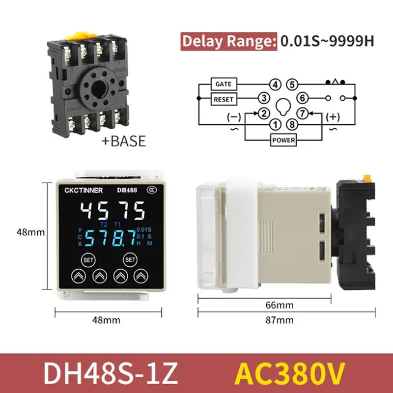 Digital Time Relay DH48S-S/2Z Cycle Timer 220V 380V 24V 12V with DIN Rail Base