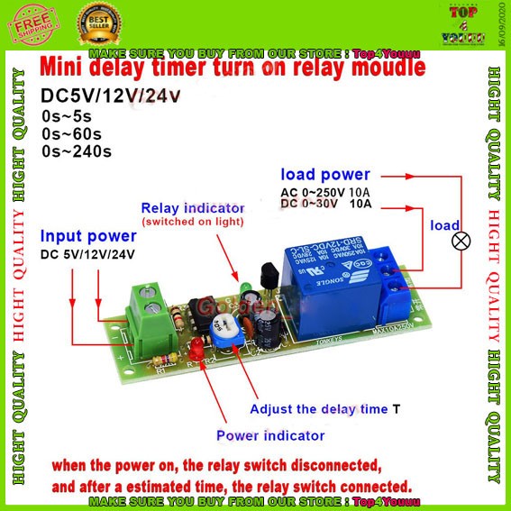 DC 5V 12V 24V Adjustable Time Delay Turn On Switch NE555 Timer Relay Module 10A
