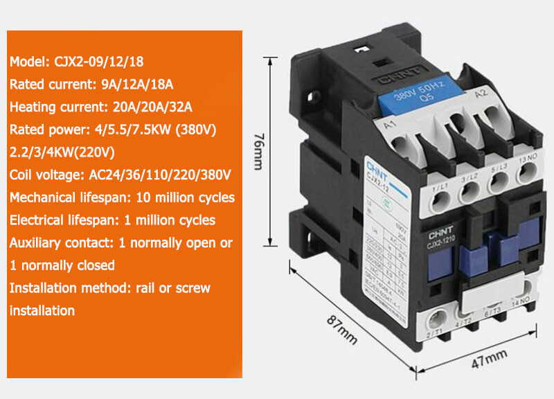 CJX2 Series 24V 36V 110V 220V 380V AC Contactors 9-95Amp Coil Voltage 3 Pole 3P