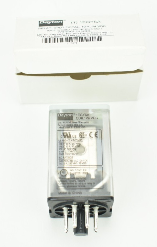 Dayton 1EGY6A DPDT Octal Plug-In Relay 24VDC Coil 10A 8-Pin LED Test Button