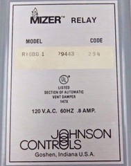 MIZER BY JOHNSON CONTROLS MODEL R16BB-1 AUTOMATIC VENT DAMPER RELAY 120VAC