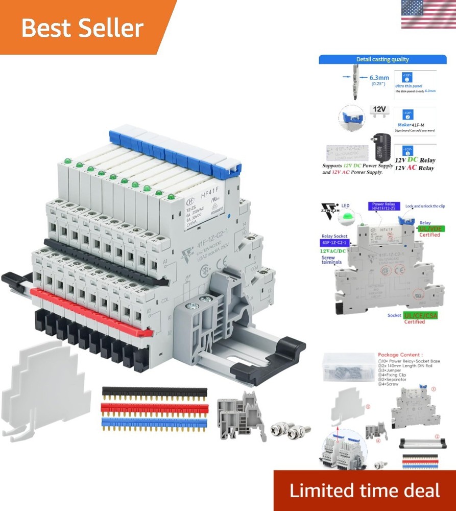 10Pcs 12V SPDT Relay with Socket DIN Rail Mount 6A
