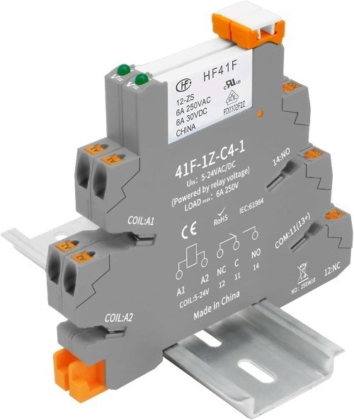 12V Relay DIN Rail Slim Coil SPDT 5 Pin 1NO 1NC 6A 250VAC 30VDC LED 41F-12V