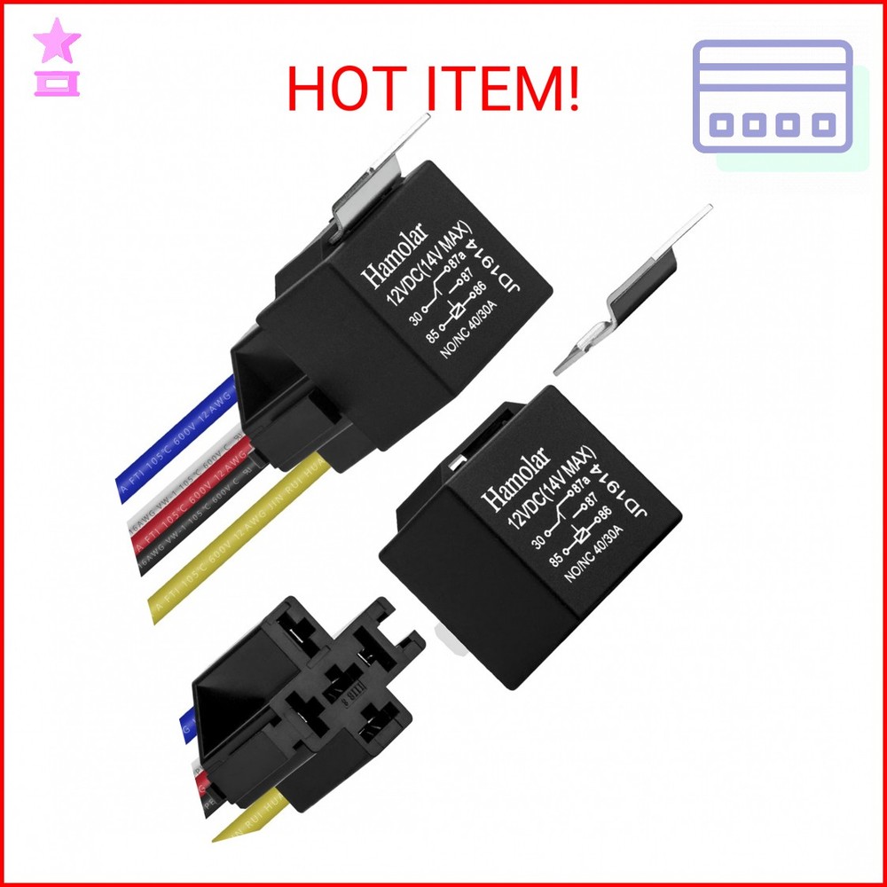 Hamolar 2 Pack 12V 40/30 Amp Car Relay DC 5 Pin SPDT and Harness – Heavy Duty 12