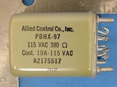 (1) ALLIED CONTROL RELAY PBHX-97 COIL = 110 VAC 380 Ohm, 10A 110 VAC CONT DPDT