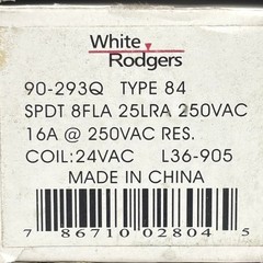 White Rodgers 90-293Q Type 84 SPDT Fan Relay 24V Coil 16A 250VAC L36-905