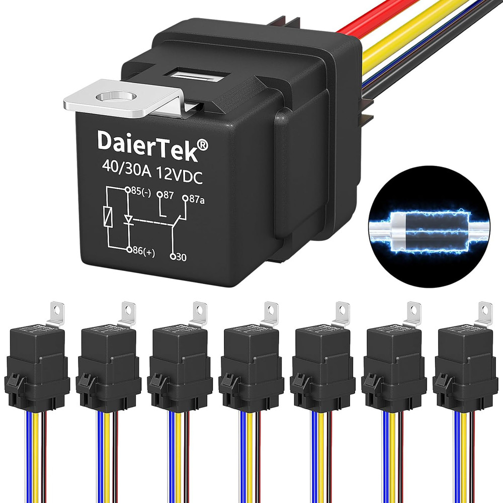 8 Pack 12V Relay with Built-In Diode & 12 AWG Harness Socket 30A/40A Heavy Duty