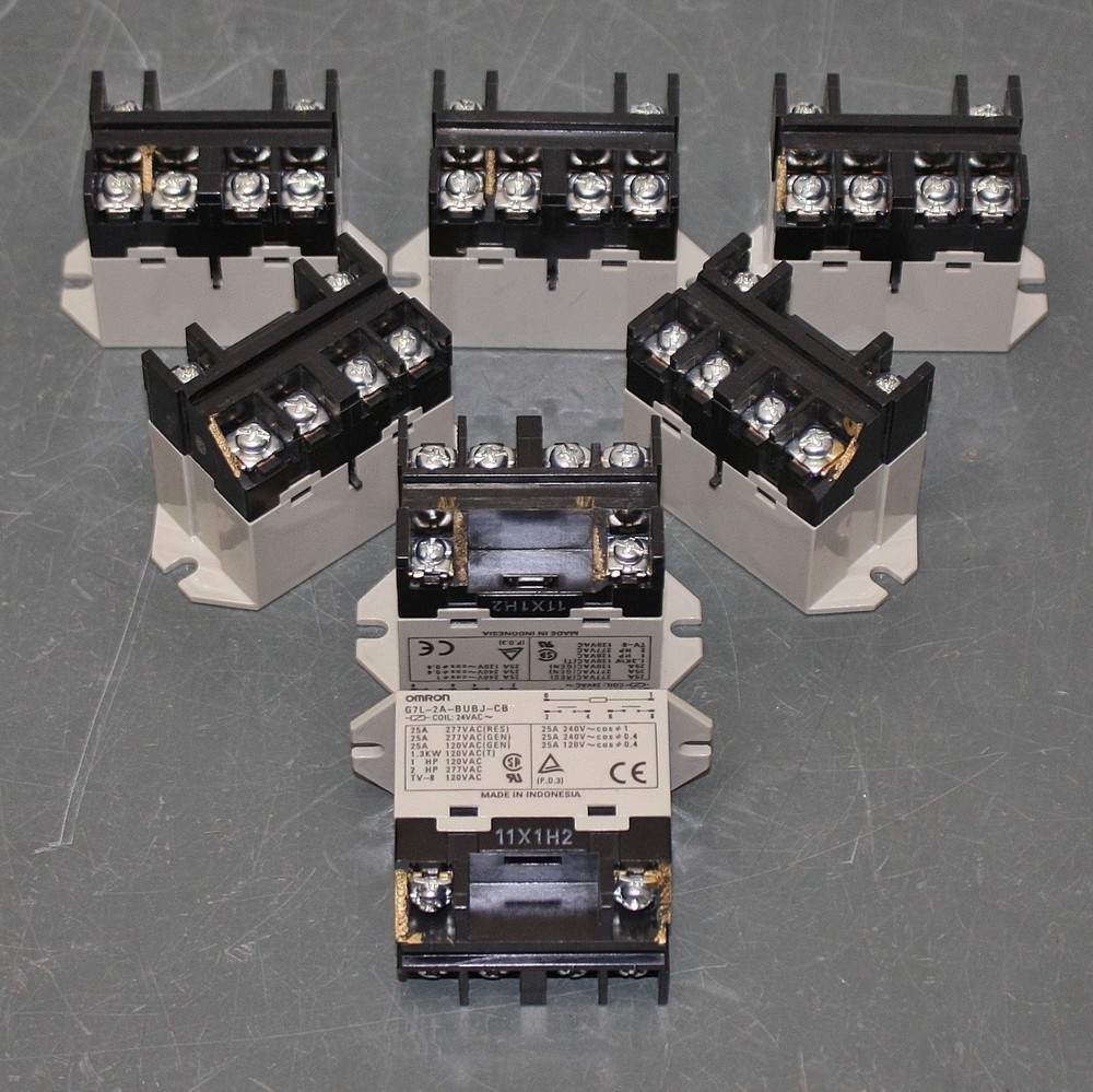CHIPPED – (7) Omron Power Relays G7L-2A-BUBJ-CB-AC24, 25A @ 240V AC, 24V AC Coil