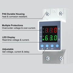 Multifunctional Over/Under Voltage Protector, 120VAC 63A, Current & Voltage A…