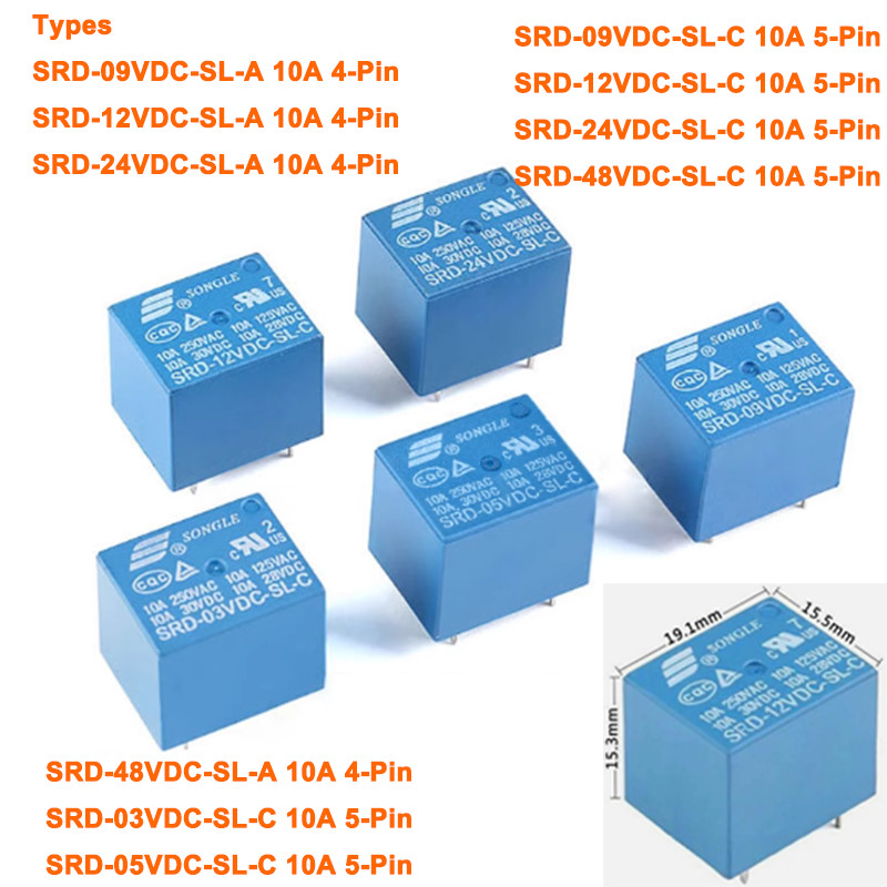 Single Mini Power Relay SRD-03V 05V 09V 12V 24V 48VDC-SL-A-SL-C 4Pin/5Pin 10A