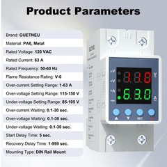 Multifunctional Over/Under Voltage Protector, 120VAC 63A, Current & Voltage A…