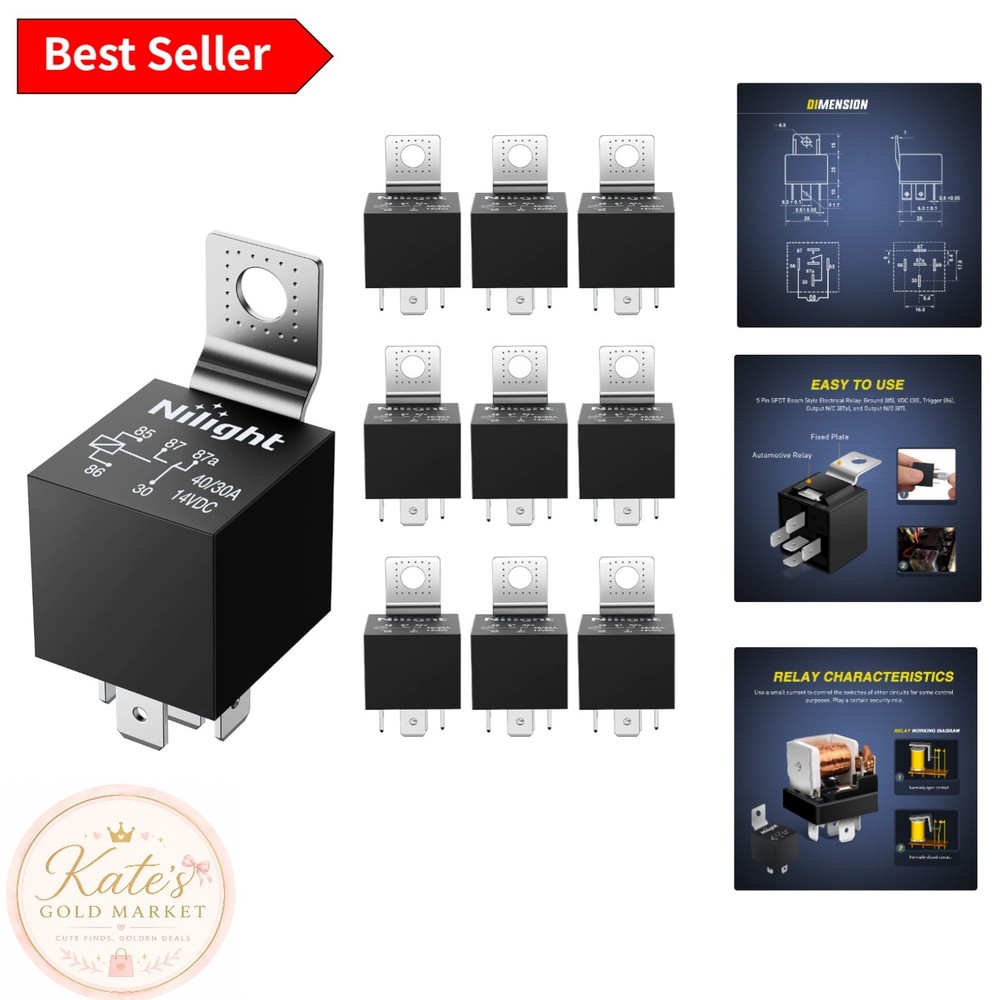 Industrial Quality 10 Pack 5-Pin Relays: 12V 30/40A Switch Solution for Vehicles