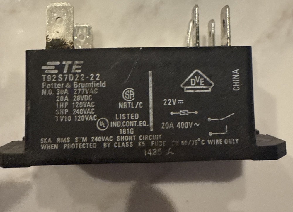 TE Connectivity Potter & Brumfield T9S7D22-22 22V Coil Relay 30A 277VAC