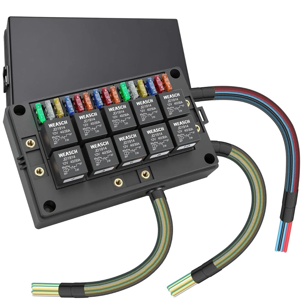 12V Relay Box 15 Way Fuse Relay Box, with Pre-Wired, 10 Relays and 15 ATC/ATO Bl