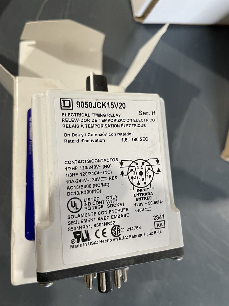 Square D 9050JCK15V20 Electrical Timing Relay, Series H – NEW, OPEN BOX