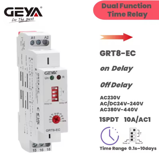 GEYA GRT8-EC Timer Relay 10A On Off Delay DIN Rail AC DC Time Relay CE