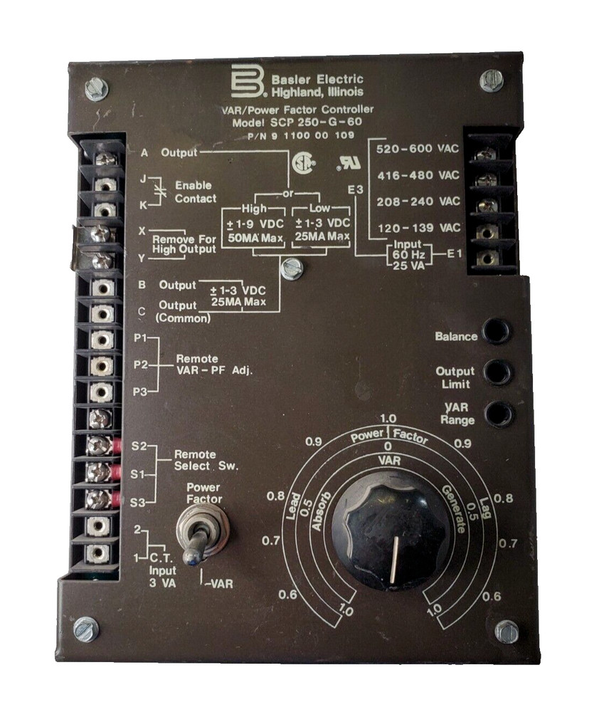 BASLER ELECTRIC VAR POWER FACTOR CONTROLLER MODEL SCP-250-G-60 P/N 9 1100 00 109