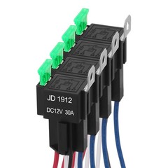 4 x Fuse Relay Switch Kit, 12V 30A, 4 Pin SPST, 30A Switch Harness Set,