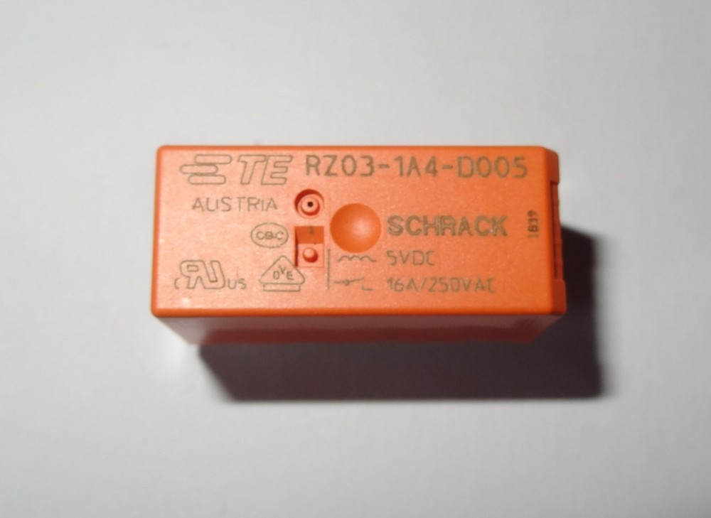 1 pc Relay, 5V coil, 16A contact, SPST by TYCO/TE, P/N RZ03-1A4-D005