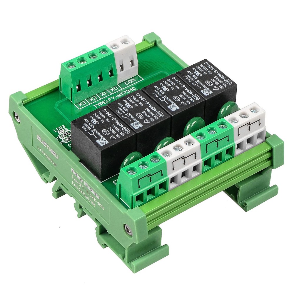 Relay Board, Relay Module 4 Channel 1 SPDT DIN Rail Mount 24V DC/AC, Interfac…
