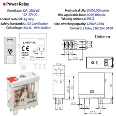 6 Pack 12Amp 24V DC Din Rail Relay – SPDT 5 Pin, Test Button, LED Light Module