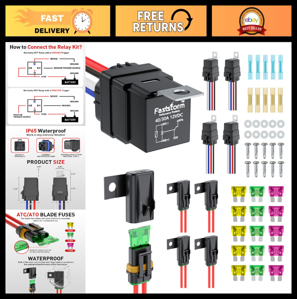 5 Pack Heavy Duty 4 Pin Waterproof Relay Switch 12V with Inline Fuse Holder for