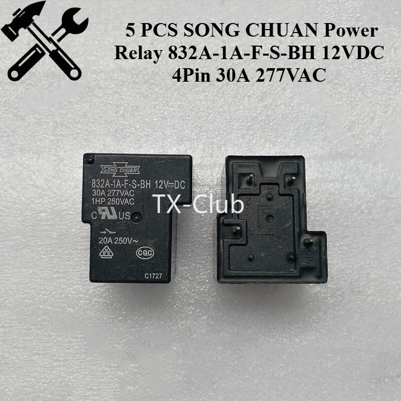 5 PCS SONG CHUAN Power Relay 832A-1A-F-S-BH 12VDC 4Pin 30A 277VAC
