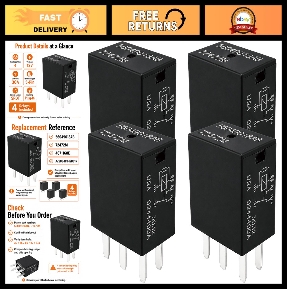 12V 30A 5-Pin SPDT Relay – Compatible with Chrysler Dodge Jeep – 4-Pack Replacem