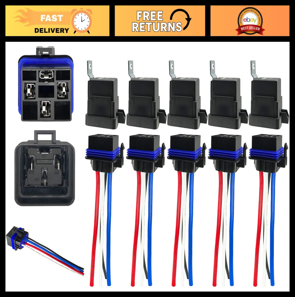 5-Pack 12VDC Waterproof 4-Pin SPST Automotive Relay Kit – 80/60AMP Heavy Duty