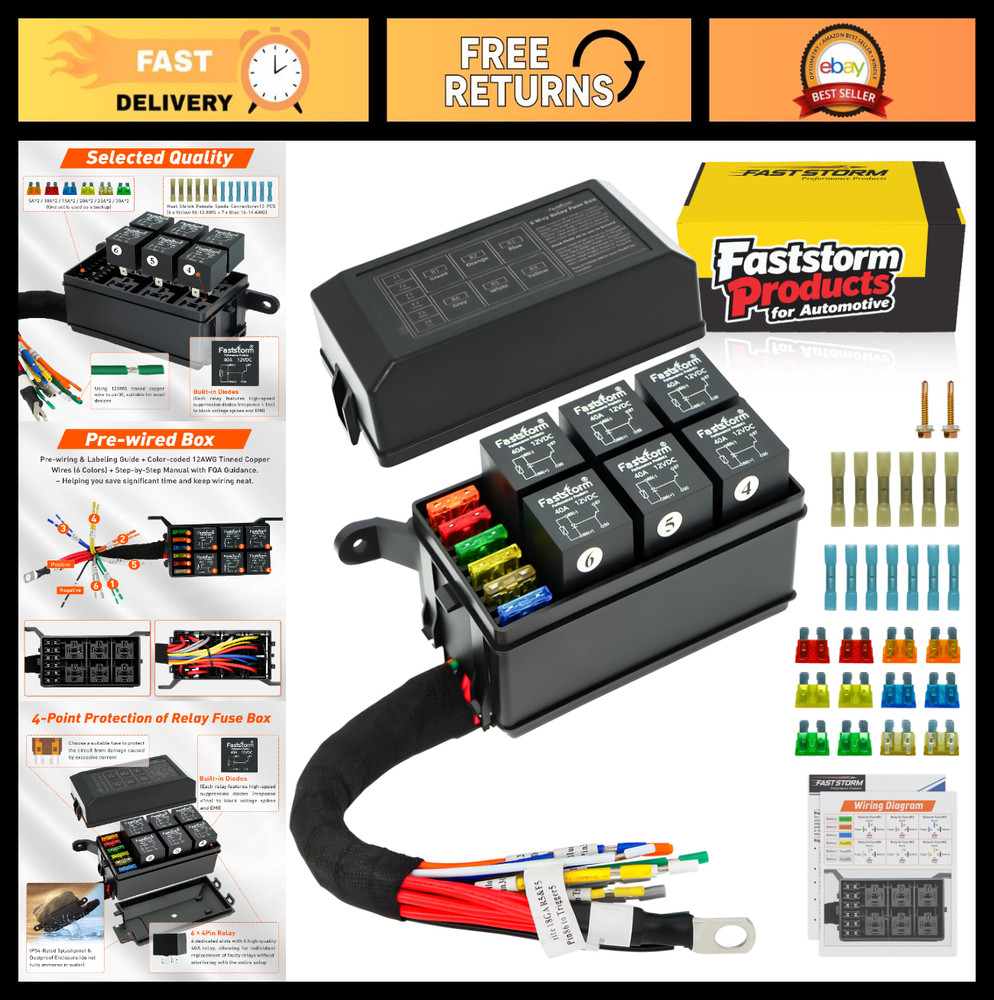 6 Way Waterproof Relay Box with Diodes, Pre-Wired 12V Automotive Fuse Panel, Rel
