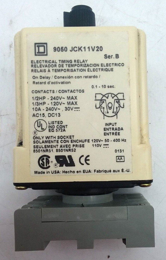 Square D 9050JCK11V20 Timer Relay w/8501NR51 Relay Base Socket
