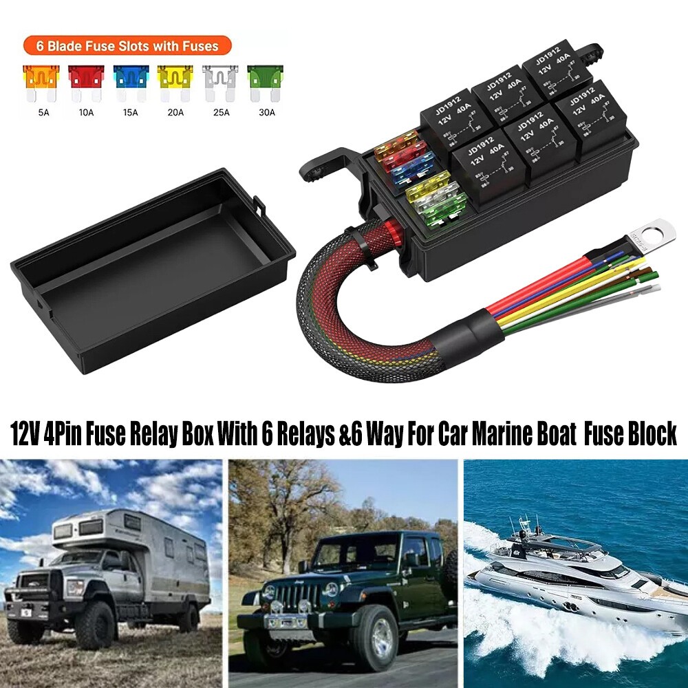 12V 4Pin Fuse Relay Box With 6 Relays &6 Way For Car Marine Boat Fuse Block US
