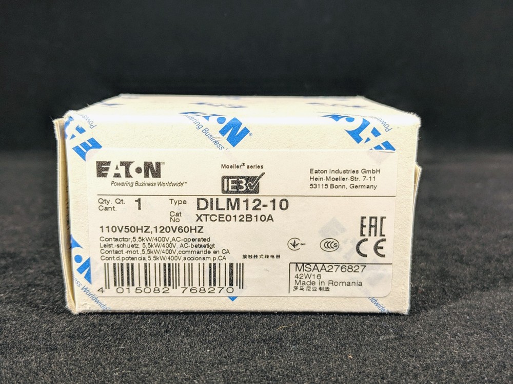 EATON XTCE012B10A CONTACTOR 3P FVNR 12A FRAME B 1NO 110/50 120/60 COIL
