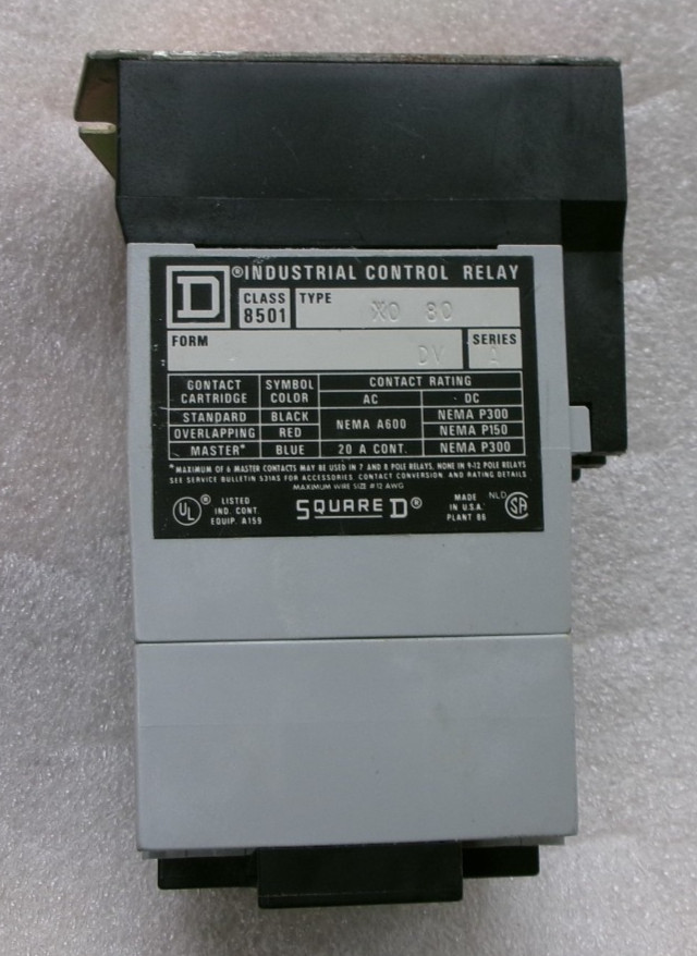 SQUARE D INDUSTRIAL CONTROL RELAY CLASS 8501 TYPE X FORM DV SERIES A #430H